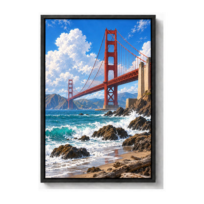 Golden Gate Bridge above rocky coast and breaking waves black frame canvas print