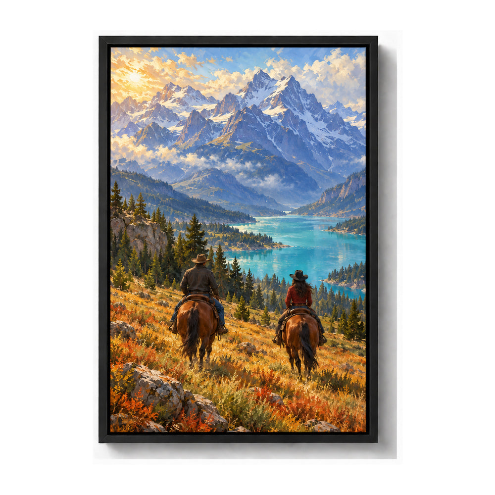 two anonymous Western riders in alpine lake valley black frame canvas print