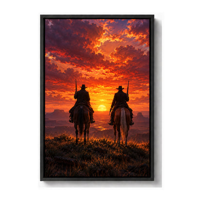 two anonymous cowboys in sunset silhouette black frame canvas print