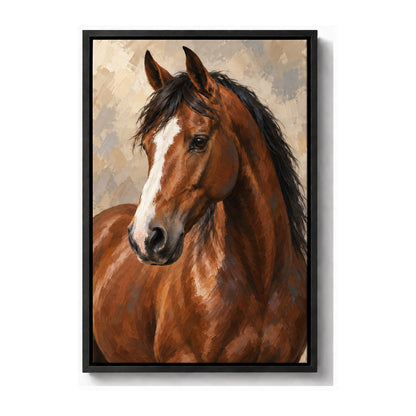 chestnut horse oil-painting-style portrait black frame canvas print