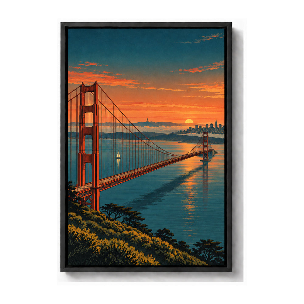 Golden Gate Bridge over bay at dusk from high overlook black frame canvas print