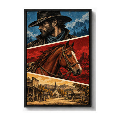 original cowboy horse and frontier buildings three-panel comic black frame canvas print