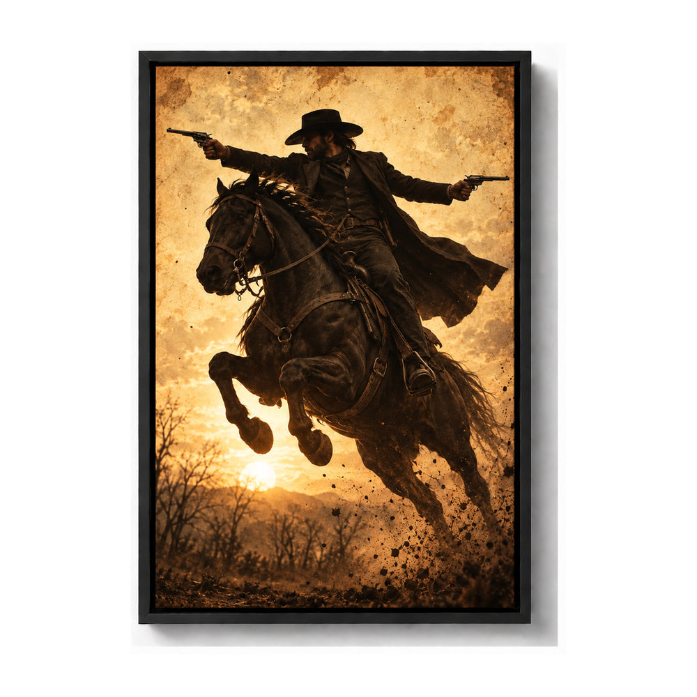 anonymous outlaw cowboy riding horse with twin revolvers black frame canvas print