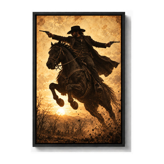 anonymous outlaw cowboy riding horse with twin revolvers black frame canvas print