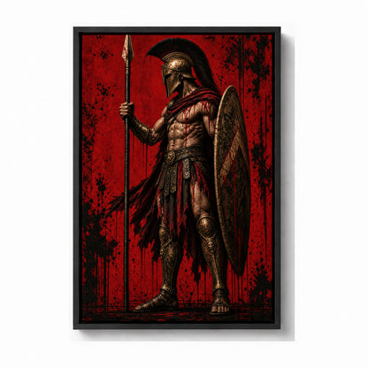 ancient Greek hoplite warrior in crimson grunge composition black frame canvas print