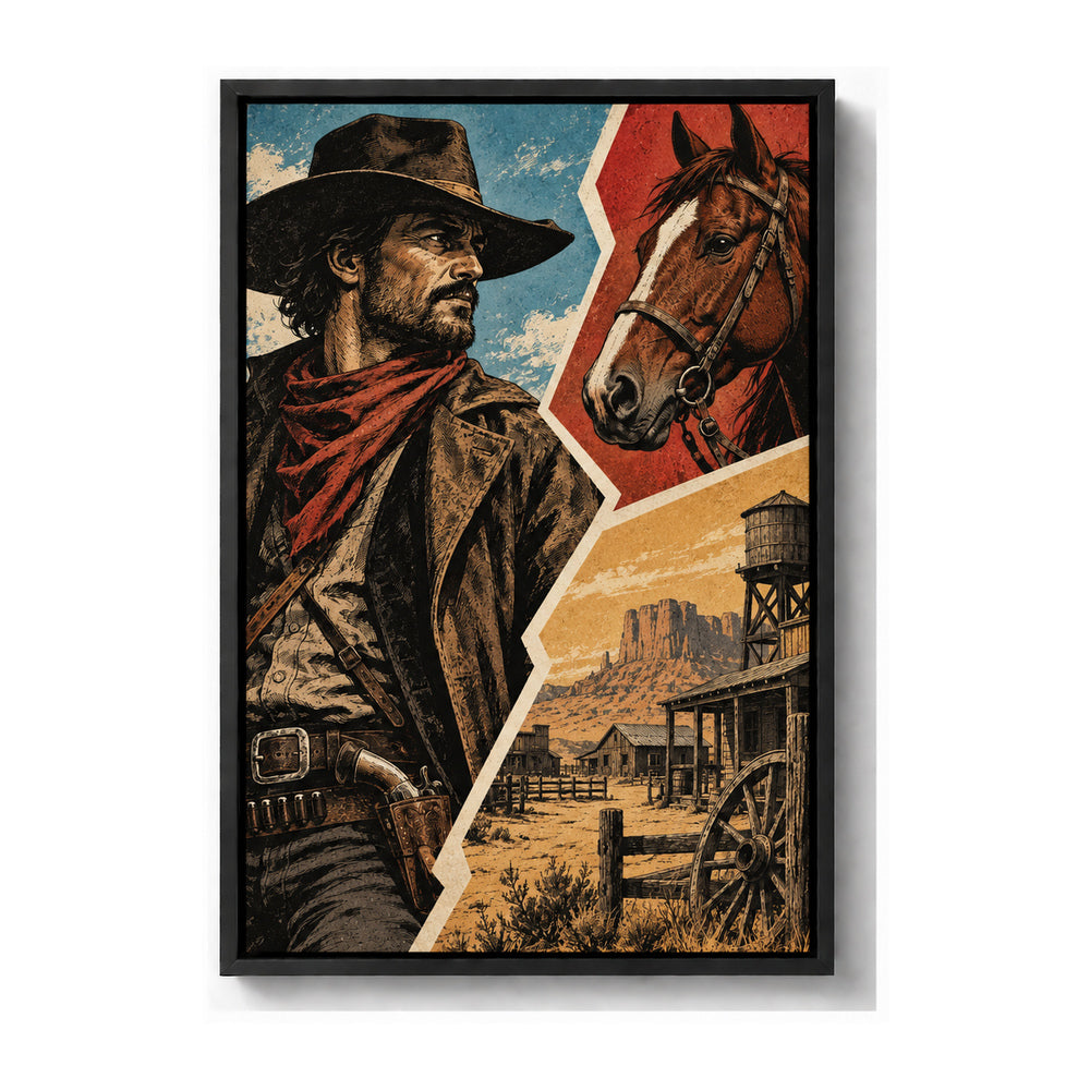 original cowboy horse and frontier buildings zigzag comic black frame canvas print