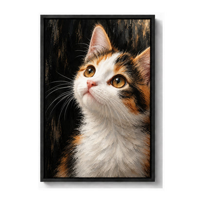 calico kitten oil-painting-style portrait black frame canvas print