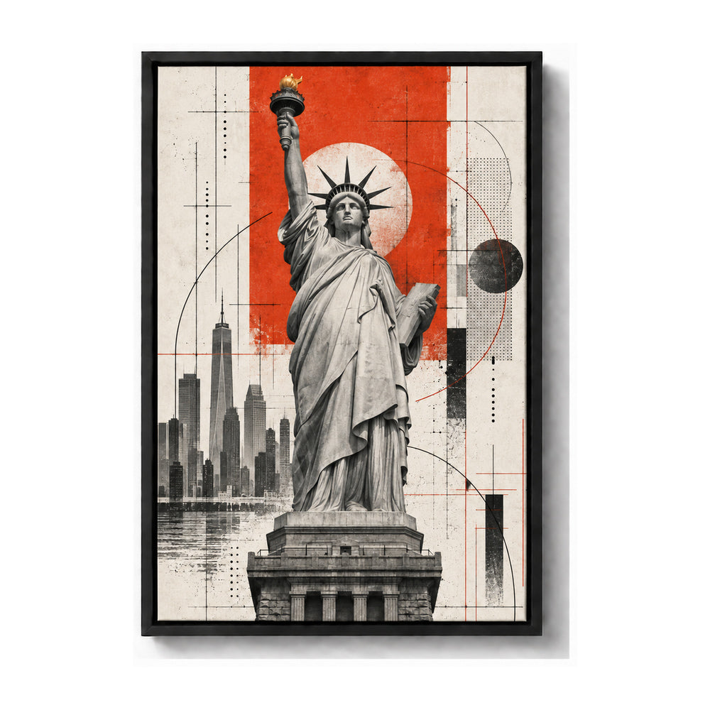 Statue of Liberty architectural collage black frame canvas print