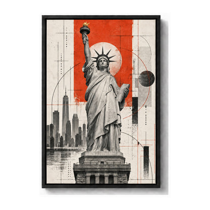Statue of Liberty architectural collage black frame canvas print
