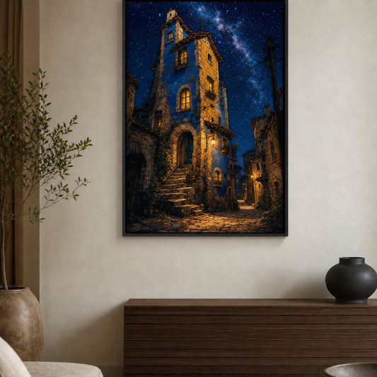 Starry Village Stone House Floater Frame Canvas Wall Art — room scene in a floater frame