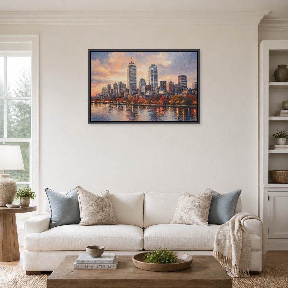 Boston Autumn Sunset Skyline Floating Frame Wall Art - 02_black_frame_wall_scene_primary