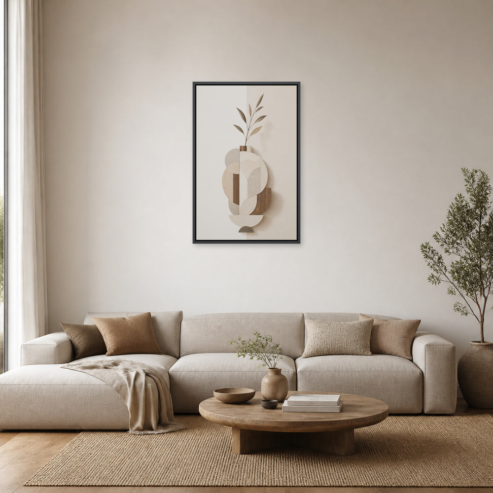 Earth Tone Geometric Vase Collage Floating Frame Wall Art - 02_black_frame_wall_scene_primary