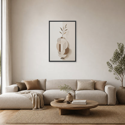 Earth Tone Geometric Vase Collage Floating Frame Wall Art - 02_black_frame_wall_scene_primary