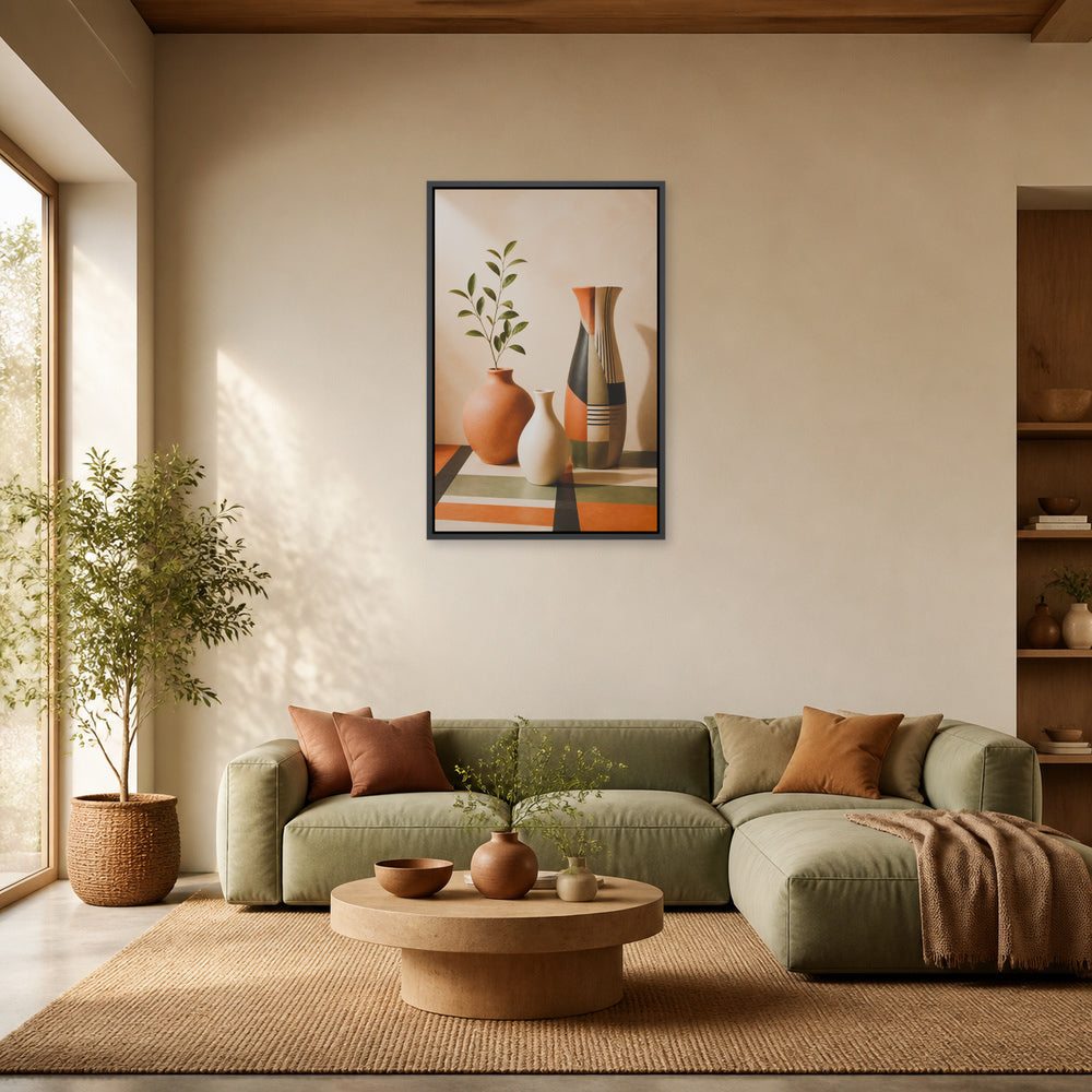 Three Ceramic Vases Floating Frame Wall Art - 02_black_frame_wall_scene_primary