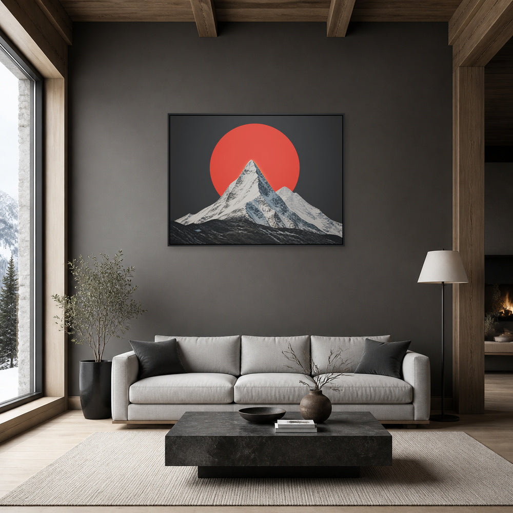 Red Sun Snow Mountain Floating Frame Wall Art - 02_black_frame_wall_scene_primary