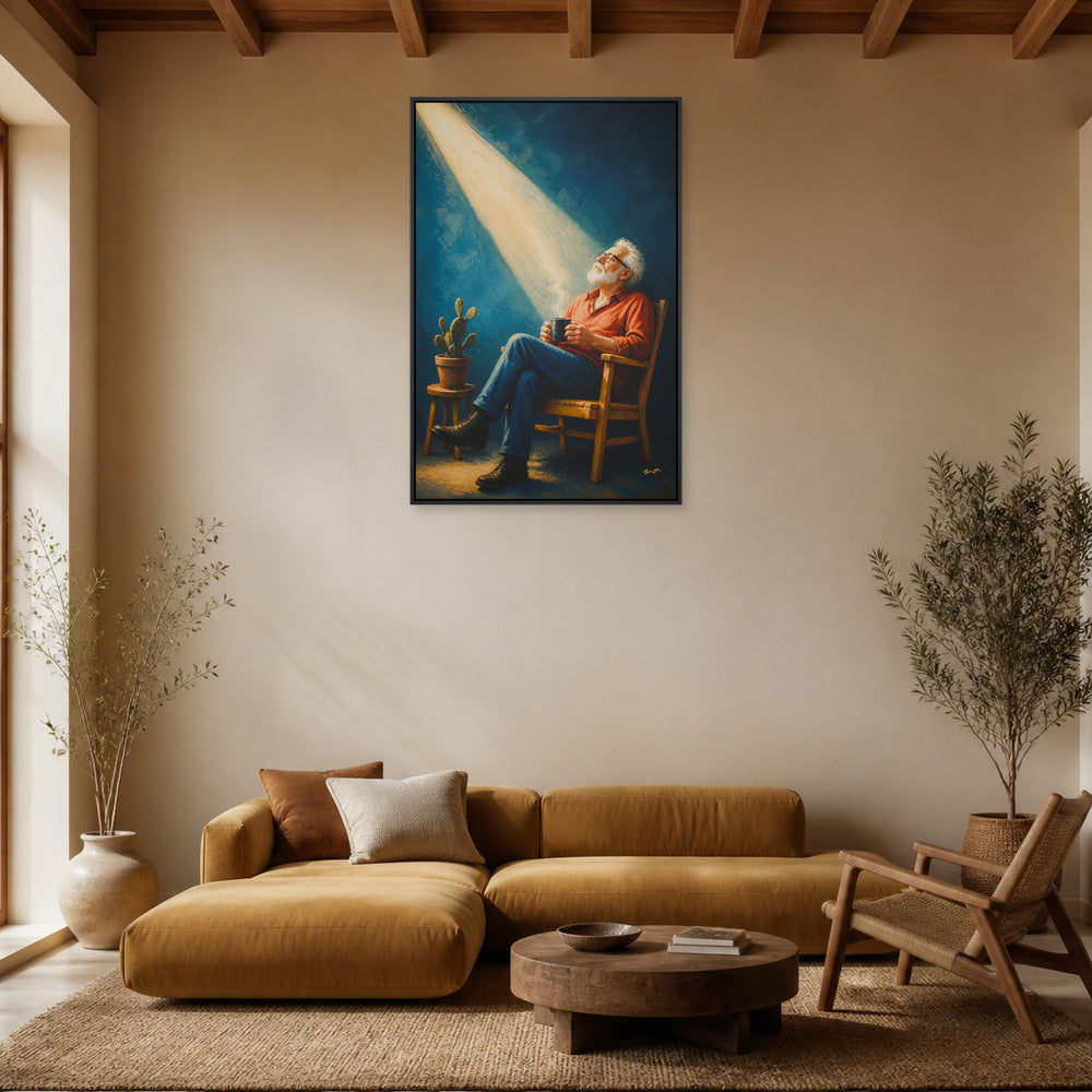 Elderly Man in a Beam of Light Floating Frame Wall Art - 02_black_frame_wall_scene_primary