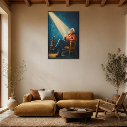 Elderly Man in a Beam of Light Floating Frame Wall Art - 02_black_frame_wall_scene_primary