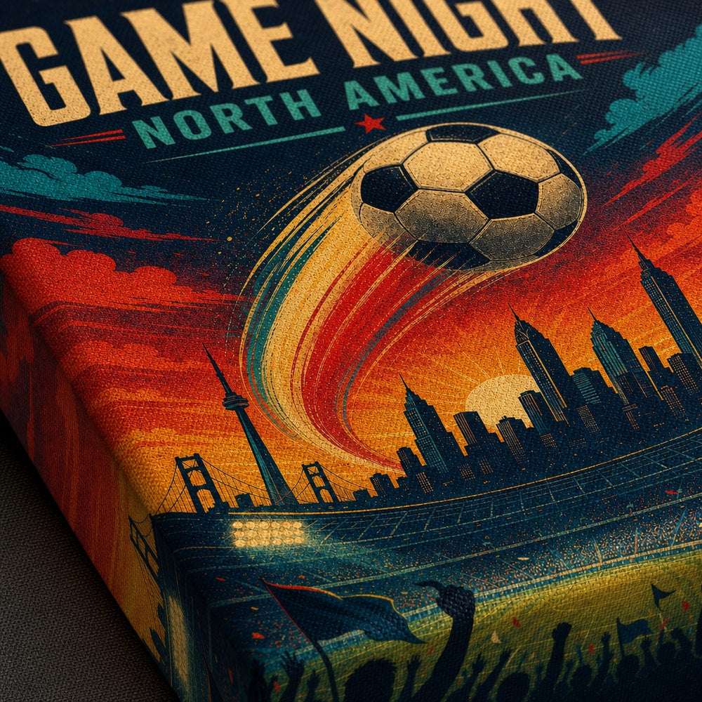 Game Night Vintage City Soccer Canvas Wall Art 01 close-up canvas texture and wrapped edge detail