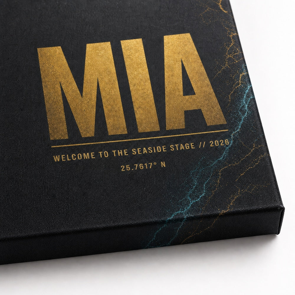 MIA Airport Code Coordinates Canvas Wall Art 03 close-up canvas texture and wrapped edge detail