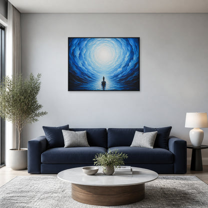Blue Vortex Boat Journey Floating Frame Wall Art - 02_black_frame_wall_scene_primary