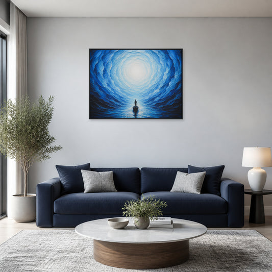 Blue Vortex Boat Journey Floating Frame Wall Art - 02_black_frame_wall_scene_primary