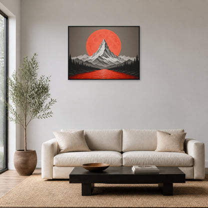 Orange Moon Red River Mountain Floating Frame Wall Art - 02_black_frame_wall_scene_primary