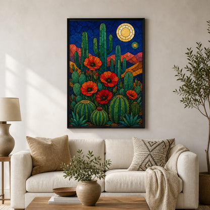 Stained Glass Desert Cactus and Poppy Wall Art | Black Frame wall scene primary