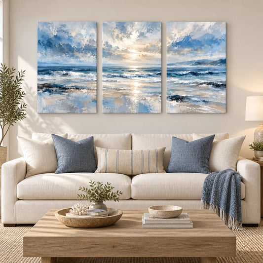 Misty Blue Coastal Horizon Abstract Triptych Wrapped Canvas Wall Art - 02 living room