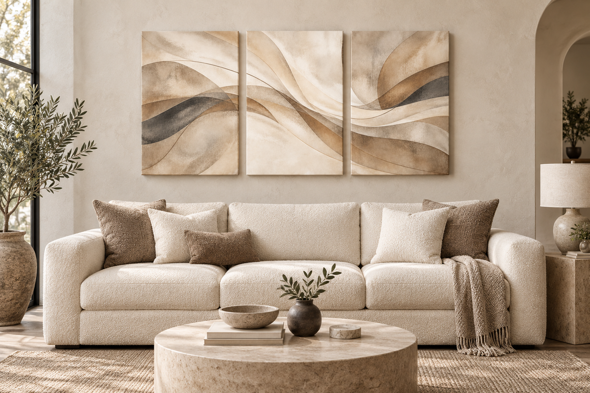 Warm Neutral Sweeping Forms Abstract Triptych Wrapped Canvas Wall Art - 02_living_room_20x28_each