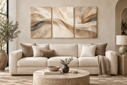Warm Neutral Sweeping Forms Abstract Triptych Wrapped Canvas Wall Art - 02_living_room_20x28_each