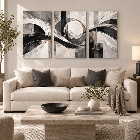 Black Charcoal Architectural Sweep Abstract Triptych Wrapped Canvas Wall Art - 02 living room