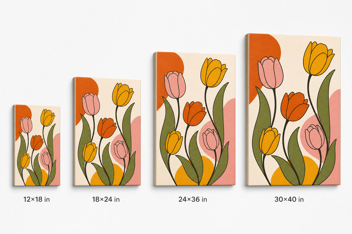 Retro Tulips Mid-Century Modern Canvas Wall Art 02 size comparison