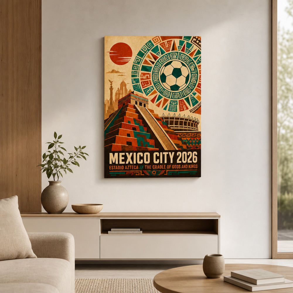 Mexico City 2026 Aztec Totem Soccer Canvas Wall Art 02 12×18 inch thin wrapped canvas wall mockup