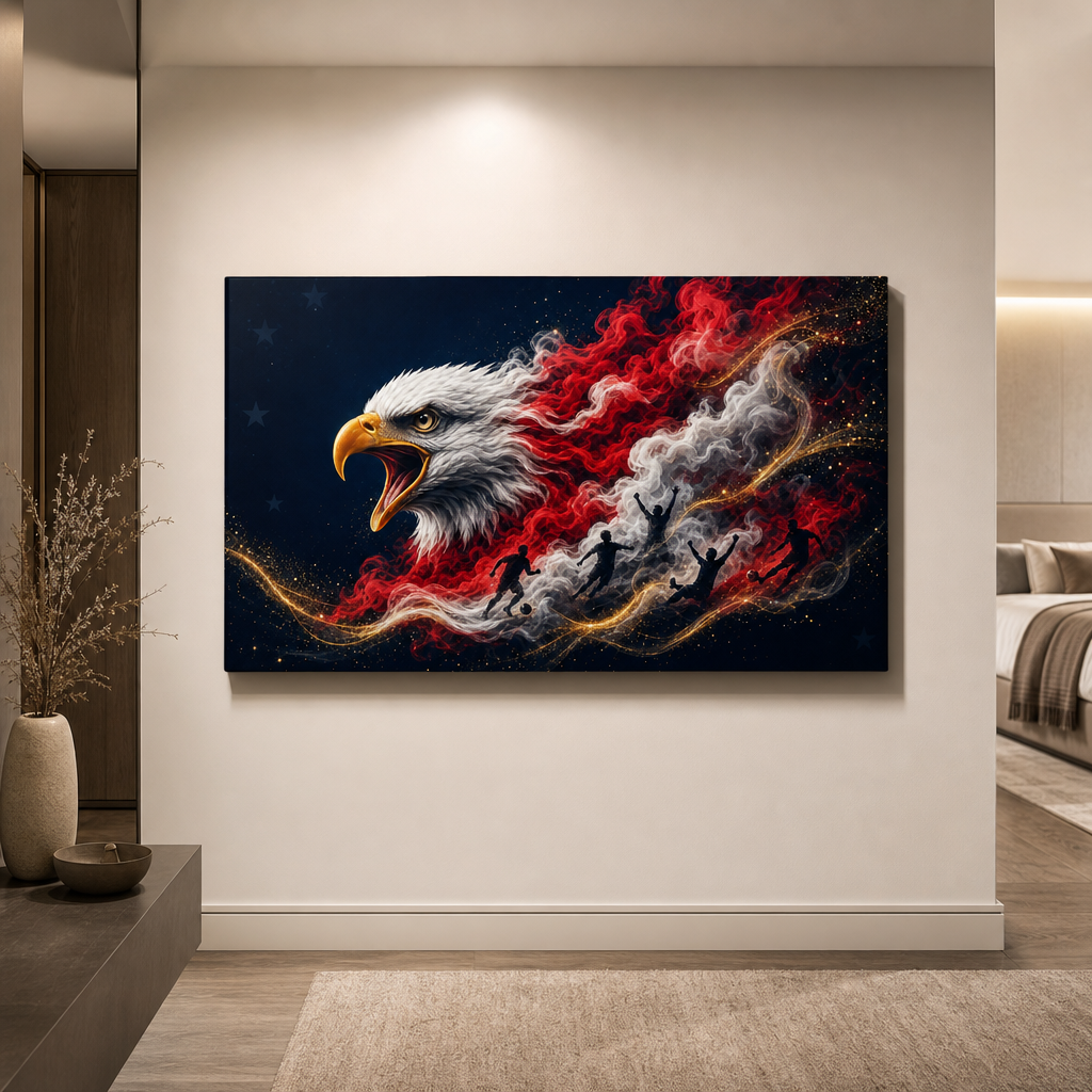 USA Eagle Smoke Soccer Canvas Wall Art - Lifestyle Wall Mockup