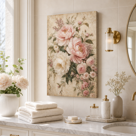 Vintage soft floral wrapped canvas wall art in bedroom