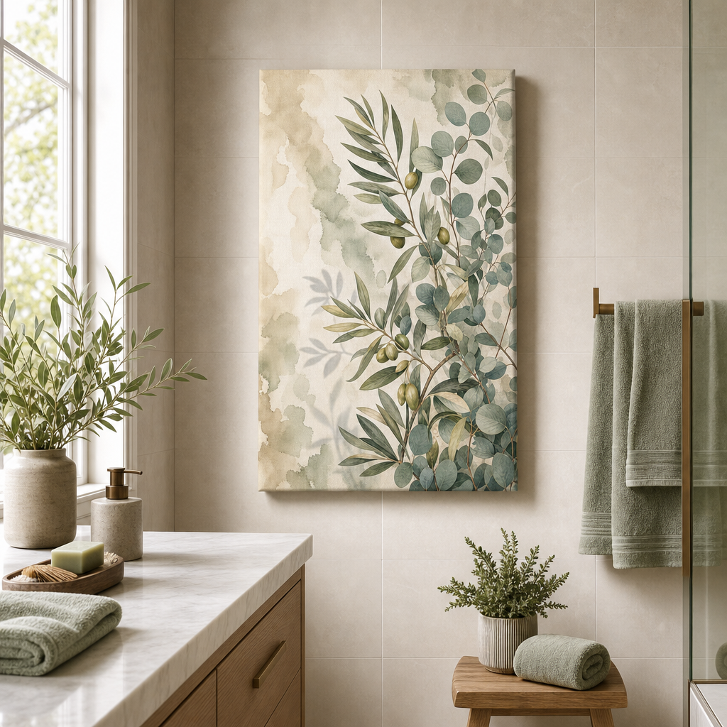 Olive eucalyptus wrapped canvas wall art in bedroom