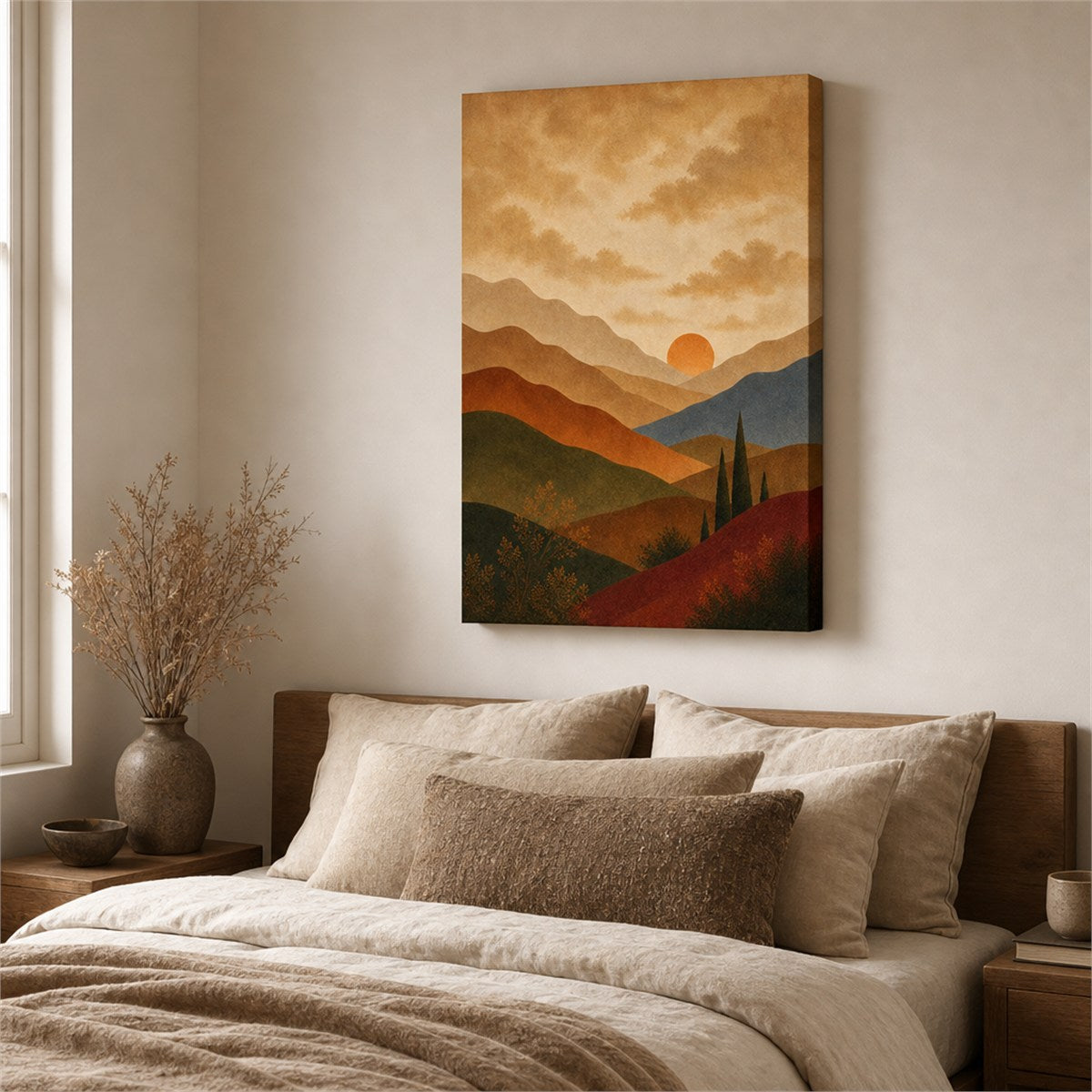 Warm neutral abstract canvas wall art above bedroom bed
