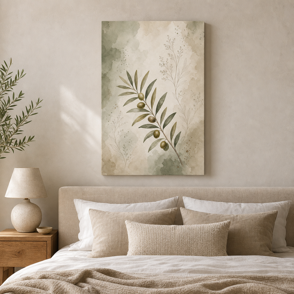 Olive Branch Botanical Line Art Canvas Wall Art – Draft - Bedroom wall mockup