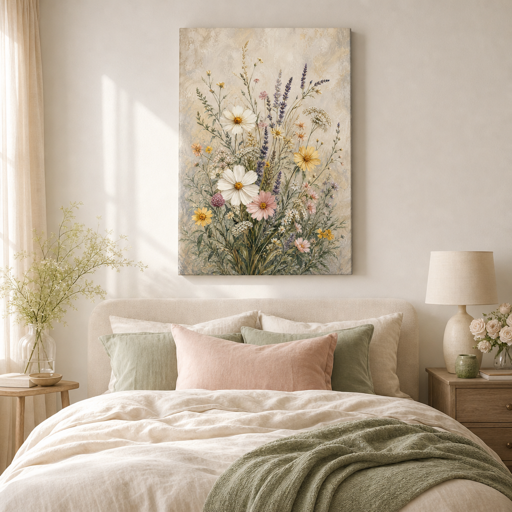 Wildflower meadow wrapped canvas wall art in bedroom