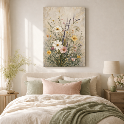 Wildflower meadow wrapped canvas wall art in bedroom