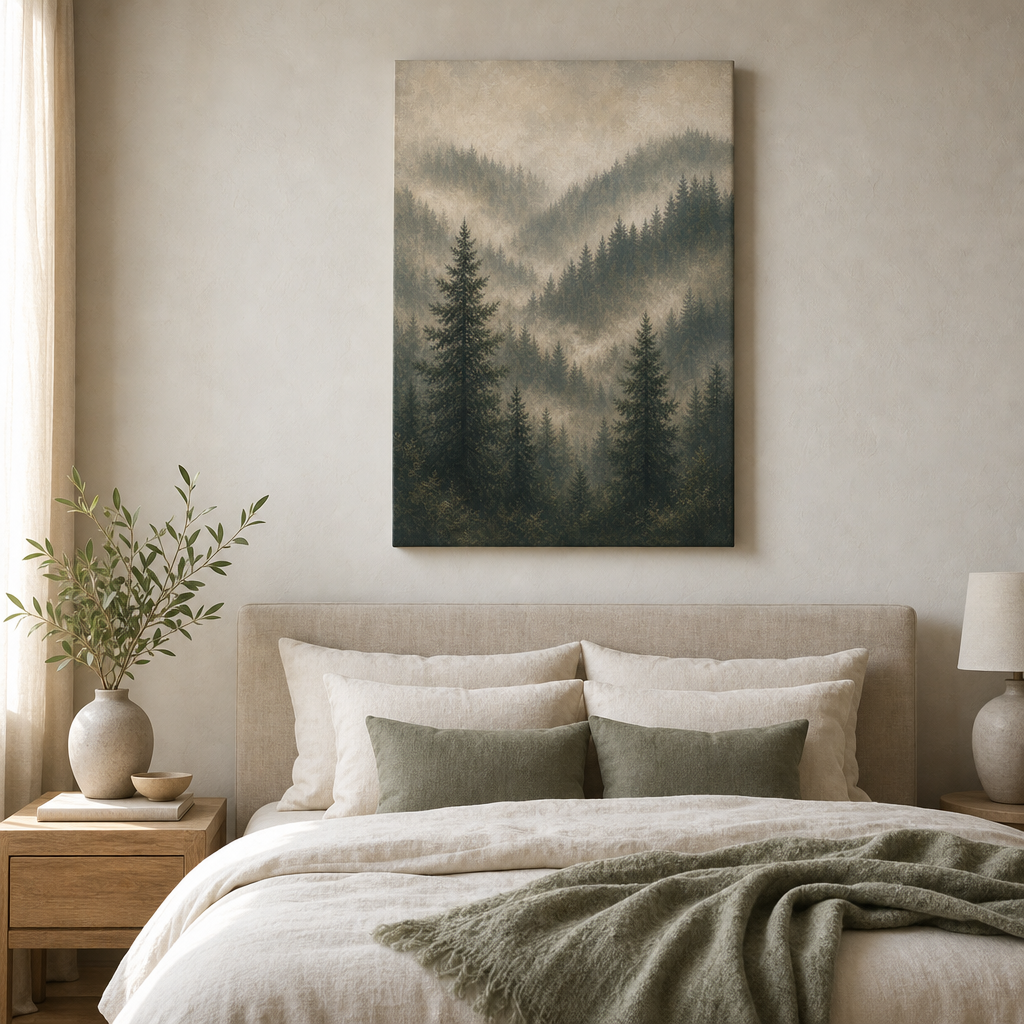 Misty forest wrapped canvas wall art in bedroom