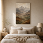 Earth tone mountain wrapped canvas wall art in bedroom