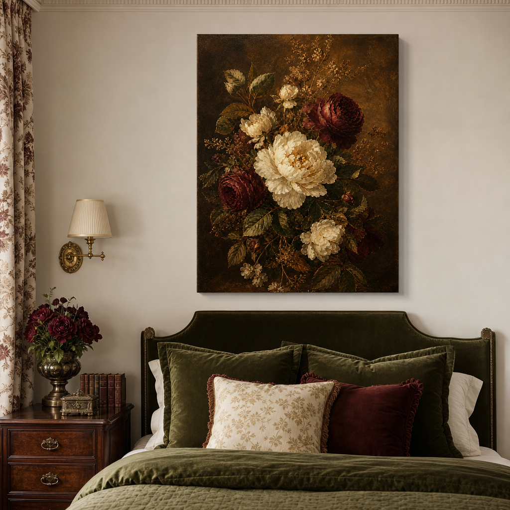 Antique Burgundy Floral Canvas Wall Art – Draft - Bedroom wall mockup