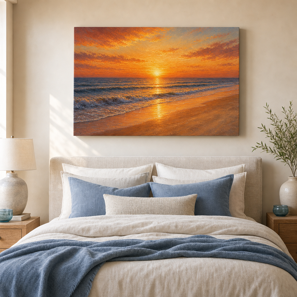 Sunset coast seascape canvas wall art in bedroom