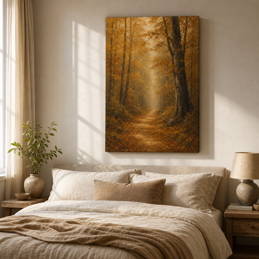 Autumn forest wrapped canvas wall art in bedroom