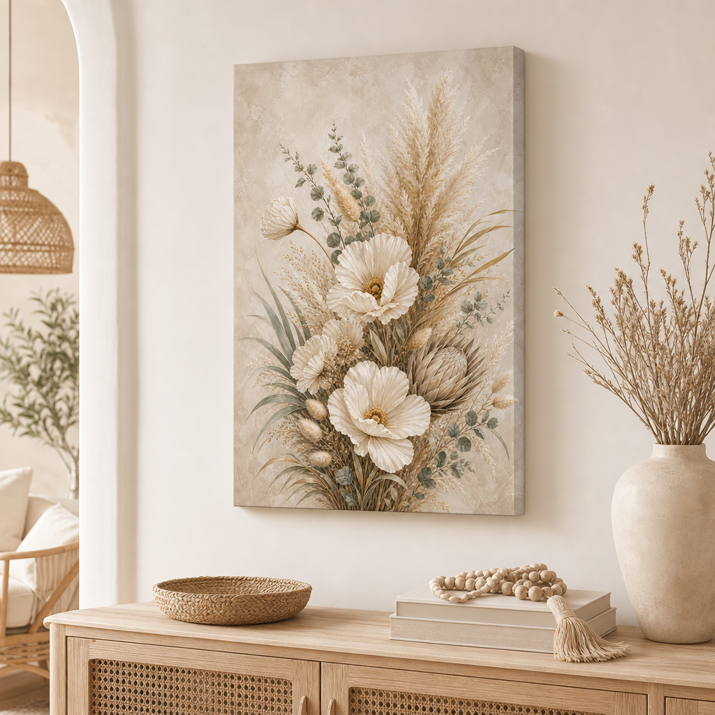 Pampas grass wrapped canvas wall art in bedroom