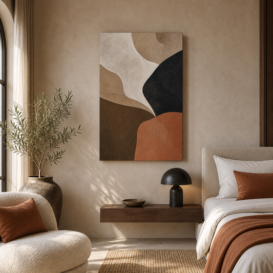 Beige Black Terracotta Abstract Canvas Wall Art - Hotel style wall mockup