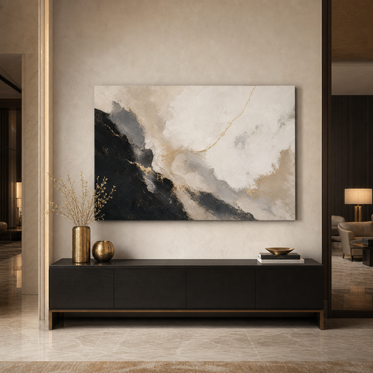 Black White Gold Modern Abstract Canvas Wall Art - Hotel lobby wall mockup