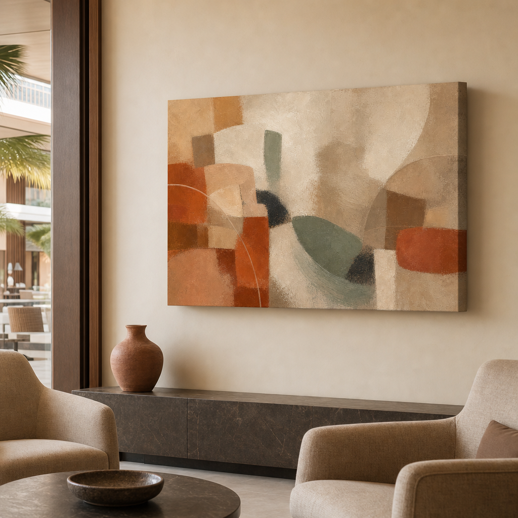 Earth Tone Modern Abstract Sofa Canvas Wall Art – Draft - Hotel lounge wall mockup