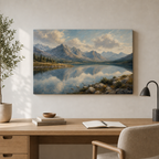 Mountain lake wrapped canvas wall art in office